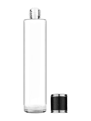 Cylinder design 100 ml, 3 1/2oz  clear glass bottle  with reducer and black faux leather cap.