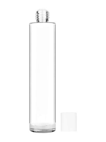 Cylinder design 100 ml, 3 1/2oz  clear glass bottle  with reducer and white cap.