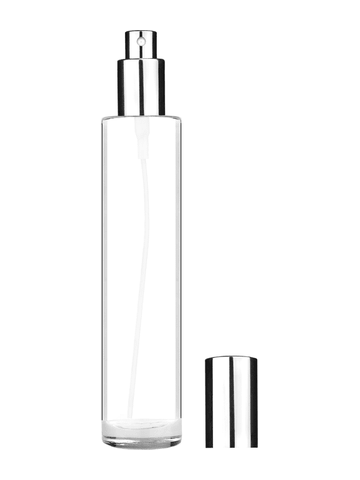 Cylinder design 100 ml, 3 1/2oz  clear glass bottle  with shiny silver spray pump.