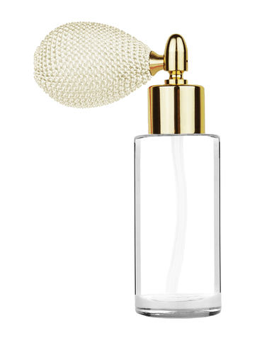 Cylinder design 25 ml 1oz  clear glass bottle  with ivory vintage style bulb sprayer with shiny gold collar cap.