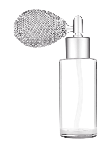 Cylinder design 25 ml 1oz  clear glass bottle  with matte silver vintage style sprayer with matte silver collar cap.