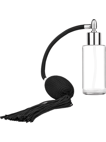 Cylinder design 25 ml 1oz  clear glass bottle  with black vintage style bulb sprayer tassel with shiny silver collar cap.