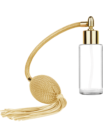 Cylinder design 25 ml 1oz  clear glass bottle  with gold vintage style bulb sprayer tassel with shiny gold collar cap.