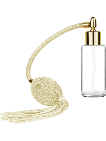 Cylinder design 25 ml 1oz  clear glass bottle  with ivory vintage style bulb sprayer tassel with shiny gold collar cap.