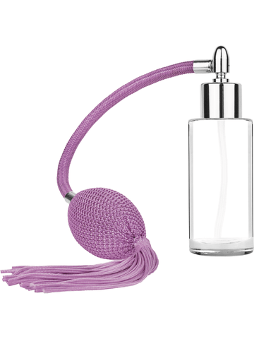 Cylinder design 25 ml 1oz  clear glass bottle  with lavender vintage style bulb sprayer tassel with shiny silver collar cap.