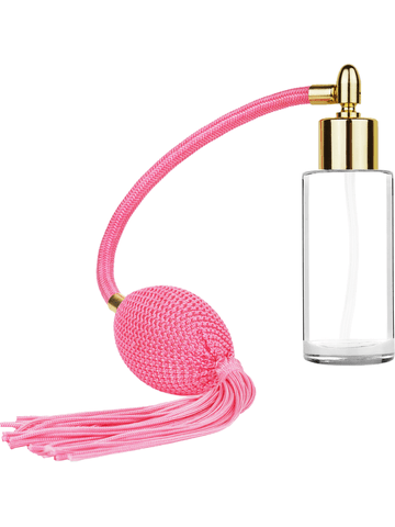 Cylinder design 25 ml 1oz  clear glass bottle  with pink vintage style bulb sprayer tassel with shiny gold collar cap.