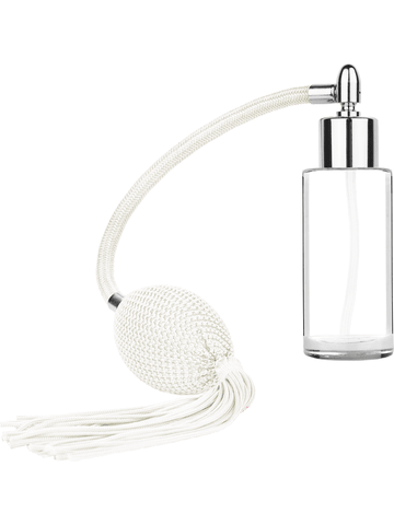 Cylinder design 25 ml 1oz  clear glass bottle  with white vintage style bulb sprayer tassel with shiny silver collar cap.