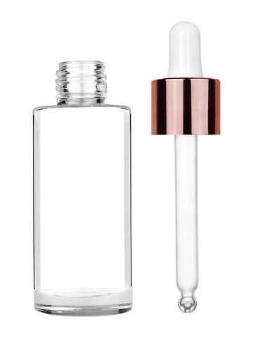 Cylinder design 25 ml 1oz  clear glass bottle  with white dropper with shiny copper collar cap.