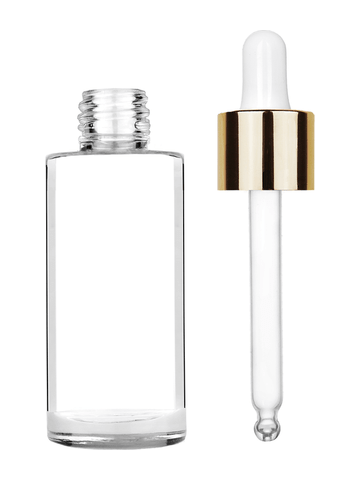 Cylinder design 25 ml 1oz  clear glass bottle  with white dropper with shiny gold collar cap.