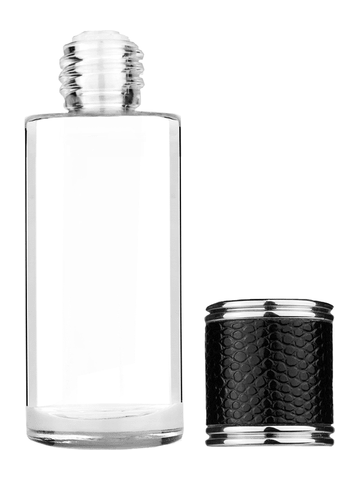 Cylinder design 25 ml 1oz  clear glass bottle  with reducer and black faux leather cap.