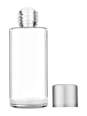 Cylinder design 25 ml 1oz  clear glass bottle  with reducer and silver matte cap.