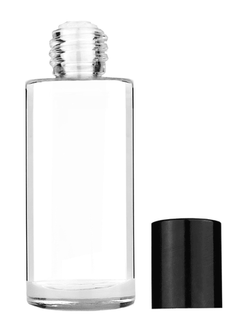 Cylinder design 25 ml 1oz  clear glass bottle  with reducer and tall black shiny cap.