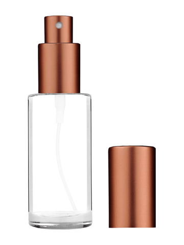 Cylinder design 25 ml 1oz  clear glass bottle  with matte copper spray pump.