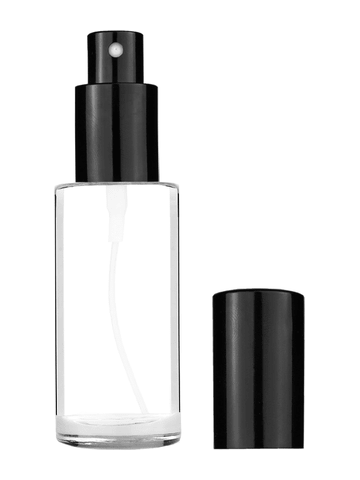 Cylinder design 25 ml 1oz  clear glass bottle  with shiny black spray pump.