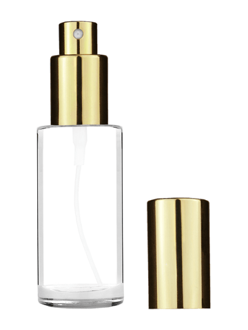 Cylinder design 25 ml 1oz  clear glass bottle  with shiny gold spray pump.