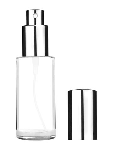 Cylinder design 25 ml 1oz  clear glass bottle  with shiny silver spray pump.