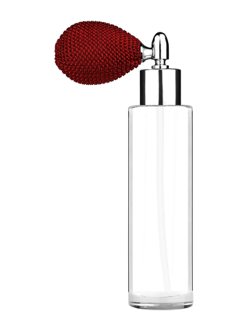 Cylinder design 50 ml, 1.7oz  clear glass bottle  with red vintage style bulb sprayer with shiny silver collar cap.