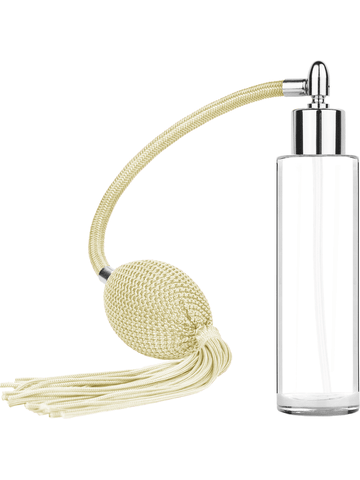 Cylinder design 50 ml, 1.7oz  clear glass bottle  with Ivory vintage style bulb sprayer with tassel and shiny silver collar cap.