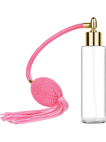 Cylinder design 50 ml, 1.7oz  clear glass bottle  with Pink vintage style bulb sprayer with tassel and shiny gold collar cap.