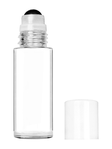 Cylinder style 50 ml bottle with metal roller ball plug and white cap.