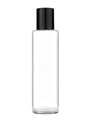 Cylinder design 50 ml, 1.7oz  clear glass bottle  with reducer and tall black shiny cap.