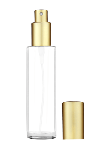 Cylinder design 50 ml, 1.7oz  clear glass bottle  with matte gold spray pump.