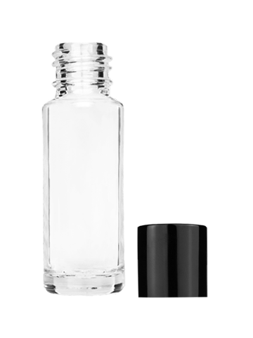 Empty Clear glass bottle with short shiny black cap capacity: 5ml, 1/6oz. For use with perfume or fragrance oil, essential oils, aromatic oils and aromatherapy.
