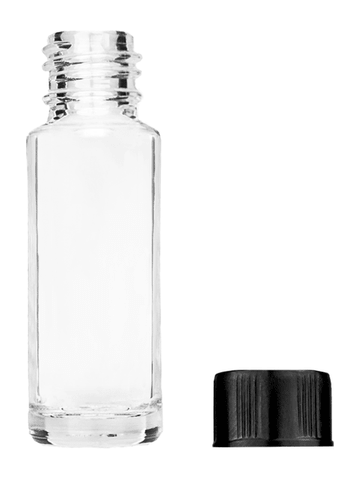 Cylinder design 5ml, 1/6oz Clear glass bottle with short black cap.