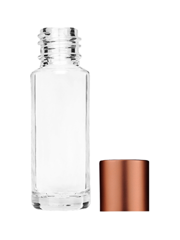 Empty Clear glass bottle with short matte copper cap capacity: 5ml, 1/6oz. For use with perfume or fragrance oil, essential oils, aromatic oils and aromatherapy.