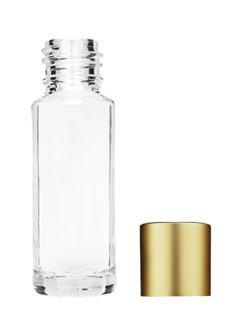 Empty Clear glass bottle with short matte gold cap capacity: 5ml, 1/6oz. For use with perfume or fragrance oil, essential oils, aromatic oils and aromatherapy.