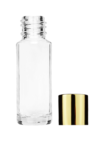 Empty Clear glass bottle with short shiny gold cap capacity: 5ml, 1/6oz. For use with perfume or fragrance oil, essential oils, aromatic oils and aromatherapy.