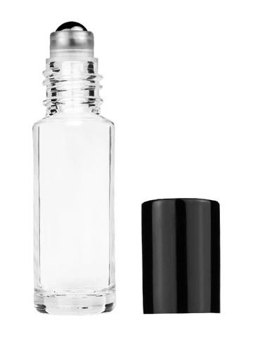 Cylinder design 5ml, 1/6oz Clear glass bottle with metal roller ball plug and black shiny cap.