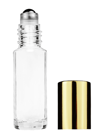 Cylinder design 5ml, 1/6oz Clear glass bottle with metal roller ball plug and shiny gold cap.