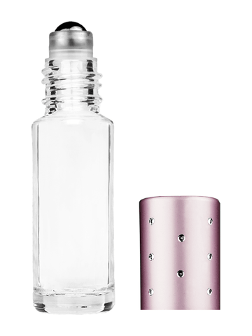 Cylinder design 5ml, 1/6oz Clear glass bottle with metal roller ball plug and pink cap with dots.