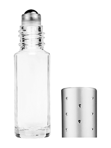Cylinder design 5ml, 1/6oz Clear glass bottle with metal roller ball plug and silver cap with dots.