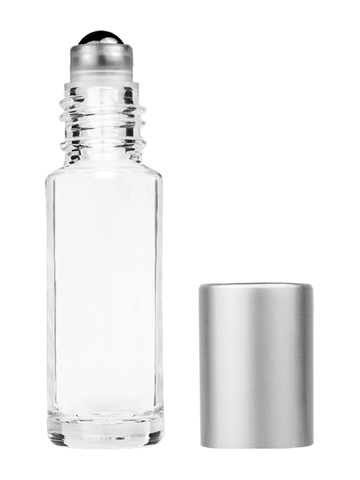 Cylinder design 5ml, 1/6oz Clear glass bottle with metal roller ball plug and matte silver cap.