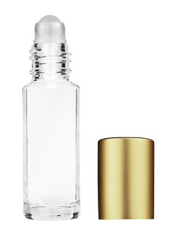 Cylinder design 5ml, 1/6oz Clear glass bottle with plastic roller ball plug and matte gold cap.