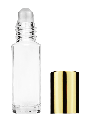Cylinder design 5ml, 1/6oz Clear glass bottle with plastic roller ball plug and shiny gold cap.
