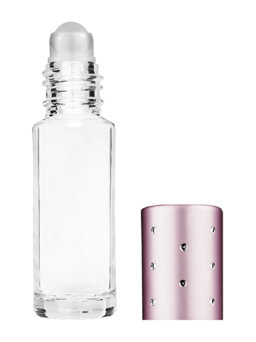 Cylinder design 5ml, 1/6oz Clear glass bottle with plastic roller ball plug and pink cap with dots.