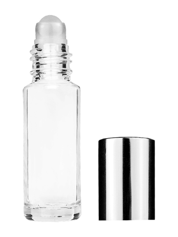 Cylinder design 5ml, 1/6oz Clear glass bottle with plastic roller ball plug and shiny silver cap.