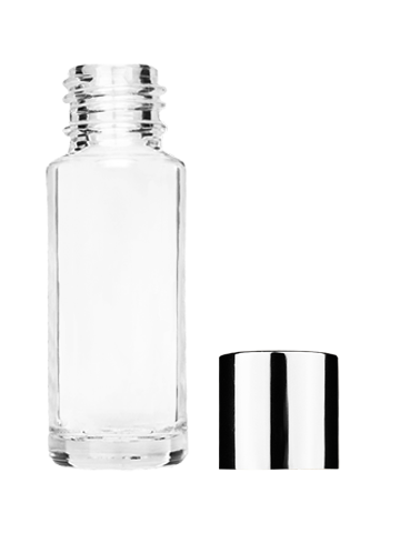 Empty Clear glass bottle with short shiny silver cap capacity: 5ml, 1/6oz. For use with perfume or fragrance oil, essential oils, aromatic oils and aromatherapy.