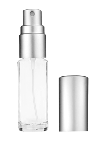 Cylinder design 5ml, 1/6oz Clear glass bottle with matte silver spray.