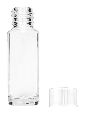 Cylinder design 5ml, 1/6oz Clear glass bottle with short white cap.