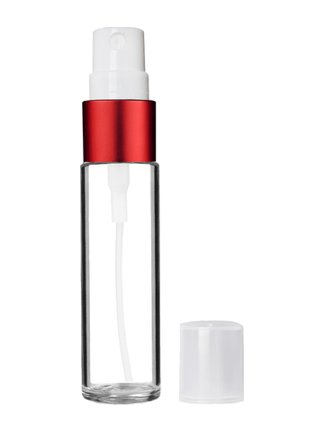 Cylinder design 9ml,1/3 oz clear glass bottle with fine mist sprayer with red trim and plastic overcap.