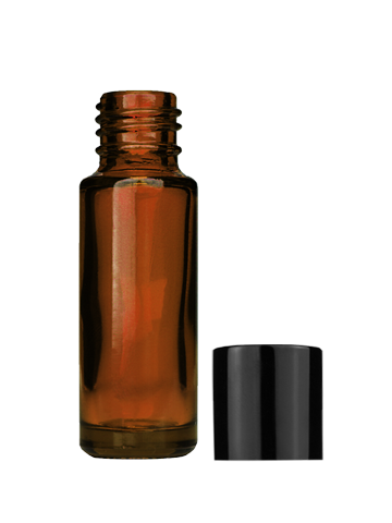 Empty Amber glass bottle with short shiny black cap capacity: 5ml, 1/6oz. For use with perfume or fragrance oil, essential oils, aromatic oils and aromatherapy.