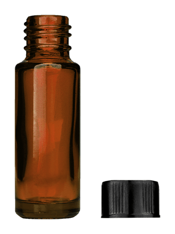 Cylinder design 5ml, 1/6oz Amber glass bottle with short black cap.