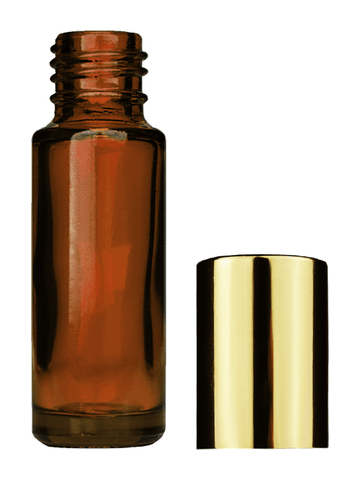 Cylinder design 5ml, 1/6oz Amber glass bottle with shiny gold cap.