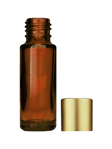 Empty Amber glass bottle with short matte gold cap capacity: 5ml, 1/6oz. For use with perfume or fragrance oil, essential oils, aromatic oils and aromatherapy.