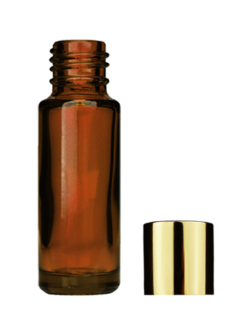 Empty Amber glass bottle with short shiny gold cap capacity: 5ml, 1/6oz. For use with perfume or fragrance oil, essential oils, aromatic oils and aromatherapy.