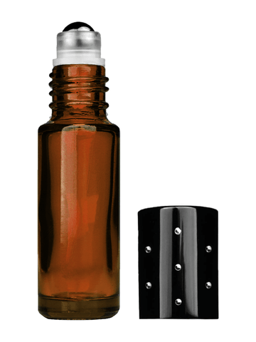 Cylinder design 5ml, 1/6oz Amber glass bottle with metal roller ball plug and black shiny cap with dots.